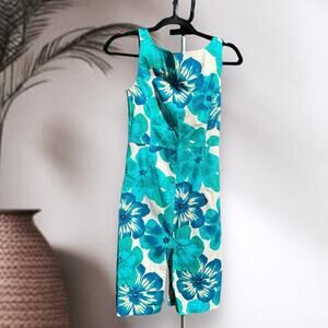 Vintage Express Cotton Stretch Blue Hibiscus Floral Print Sheath Dress Size 4